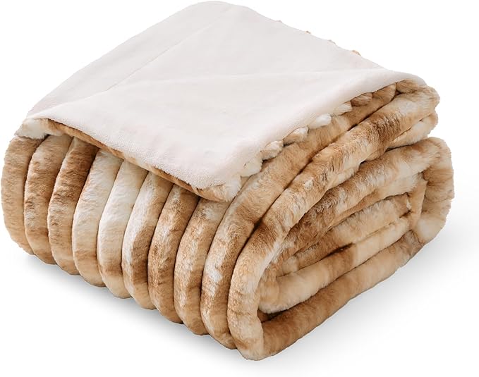 Amélie Home Faux Fur Throw Blanket for Couch, Cozy Fuzzy Fluffy Fur Luxurious Soft Striped Plush Gift Blankets for Family Sofa Chair Bed Living Room Bedroom, 55"x70", Tie-dye Khaki
