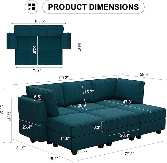Belffin Terry Fabric Modular Sectional Sleeper Sofa Bed with Storage Convertible Sectional Couches for Living Room 6 Seaters Peacock Blue Modular Sofa