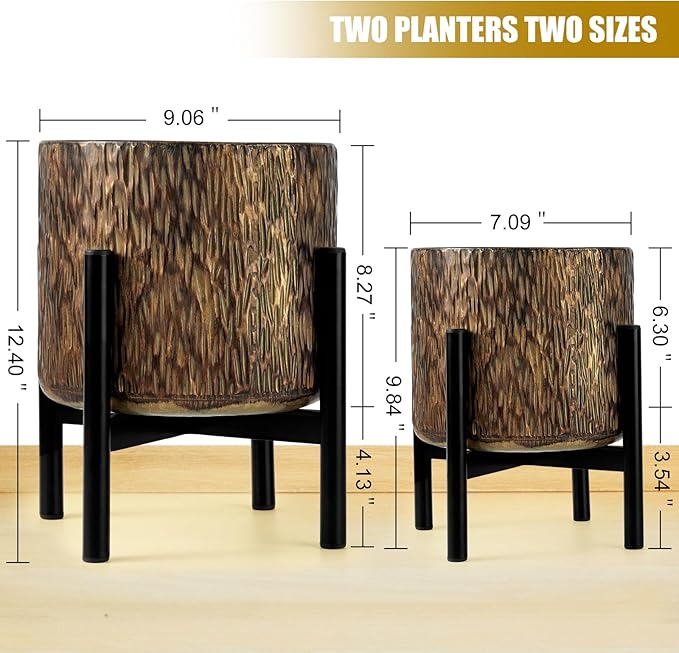 Harvest Land Plant Pots with Stand, Set of 2 Large Modern Planters Metal Tall Handmade Flower Pots with Drainage Holes Indoor Outdoor,Bronze