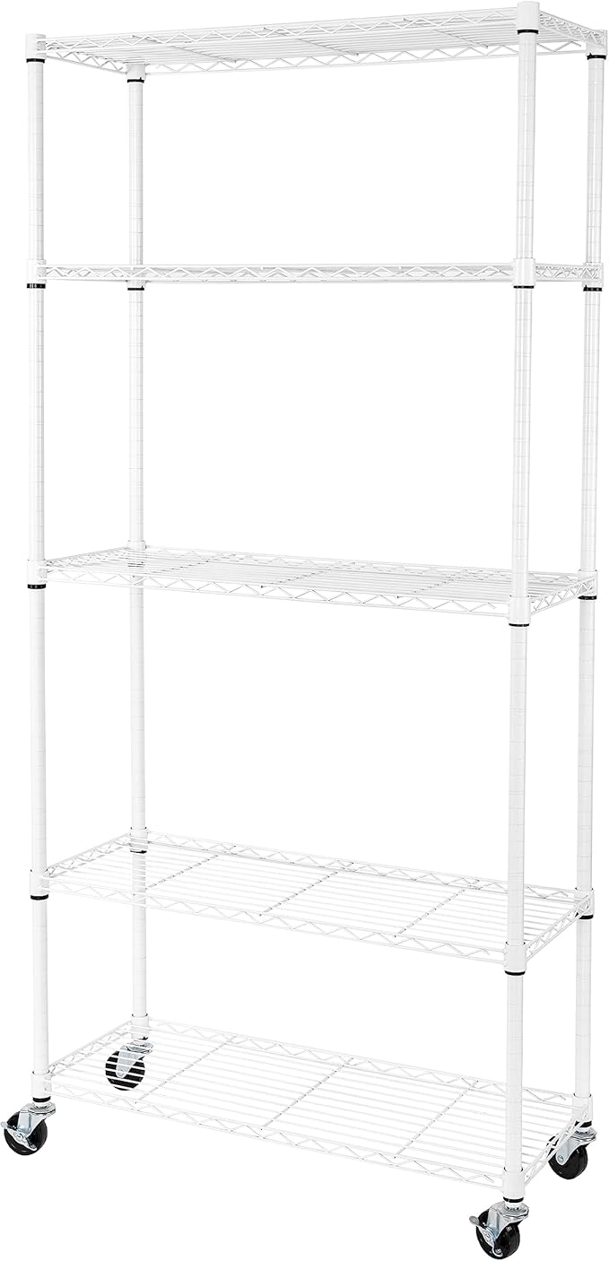 Seville Classics UltraDurable Heavy Duty NSF Solid Steel Wire Rack Storage Unit, Organizer for Garage, Warehouse, Office, Restaurant, Classroom, Kitchen, White, 5-Tier Shelving, 36" W x 14" D