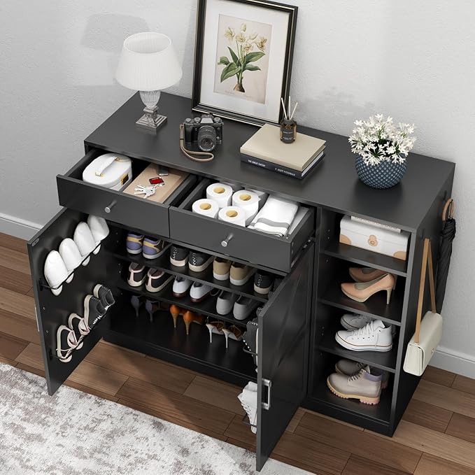 Loomie 5-Tier Shoe Cabinet with 4 Side Cubbies, Farmhouse Shoe Rack Cabinet with 6 Adjustable Shelves & 2 Drawers, Freestanding Shoe Storage Cabinet with 4 Brackets & 2 Hooks for Entryway (Black)