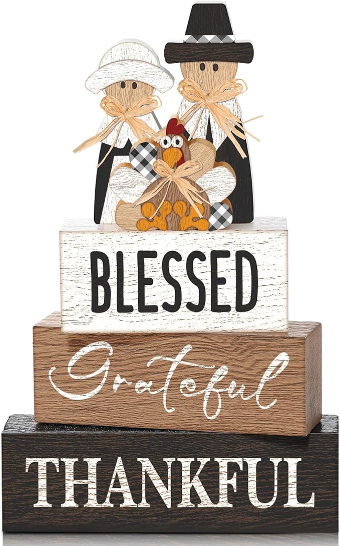 4 Pcs Fall Thanksgiving Table Decor for Home Pilgrim Couple Wooden Signs with Blessed Thanksgiving Autumn Tiered Tray Decor Turkey Tabletop Centerpiece Grateful Block Signs for Office Kitchen Shelf