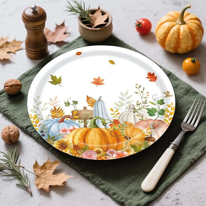 40Pcs Fall Paper Plates and Napkins Party Supplies, Disposable Thanksgiving Pumpkin Flower Wreath Plates Napkins Dinnerware Set for Autumn Theme Party Decorations (Fall)