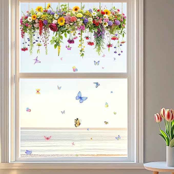 2 Set Colorful Floral Bouquet Window Stickers, Flower Butterfly Window Clings for Glass Windows,Floral Windows Film, Window Decals for Home Kitchen Bathroom Office Decoration