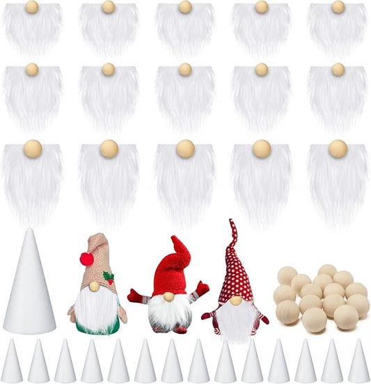 60 Pcs Gnomes Beard Sets Faux Fur Pre Cut Gnomes Beard Foam Cone Foam Handmade Wood Balls for Halloween Christmas Day Crafts(White)