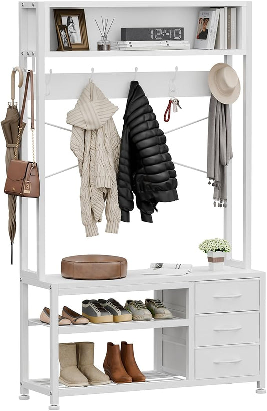 Lulive Hall Tree with Bench and Shoe Storage, 31.5" Coat Rack Freestanding with 2-Tier Storage Shelf, 5-in-1 Entryway Bench Coat Rack with 12 Hooks and 3 Drawers(White)