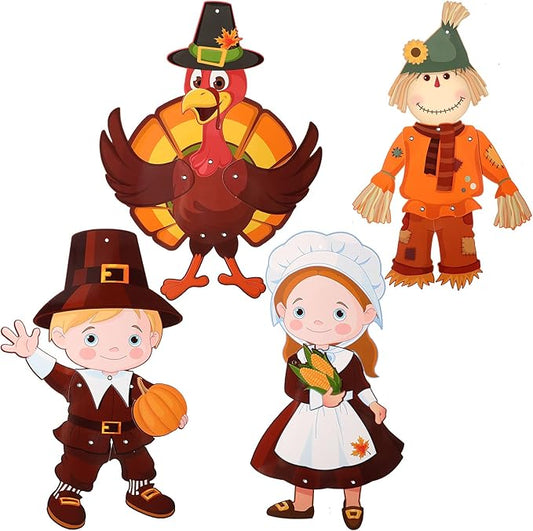 4 Pcs Thanksgiving Fall Harvest Decorations 18 in Turkey Scarecrow Wall Window Home Door Decoration Autumn Hanging Ornament Cutouts Thanksgiving Sign Jointed Figures Pilgrim Decor with Ribbon
