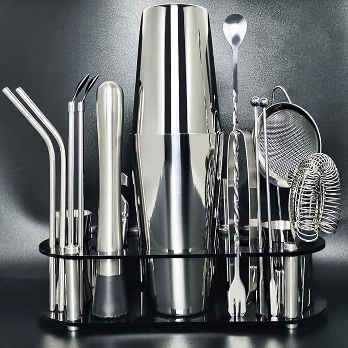 22-Piece Cocktail Shaker Set, 25/20oz Bartender Kit, Bartending Stainless Steel Bar Tools Sets for Drink Mixing, Boston Cocktail Shakers with Stand Recipes Booklet (Siver 25-20oz)