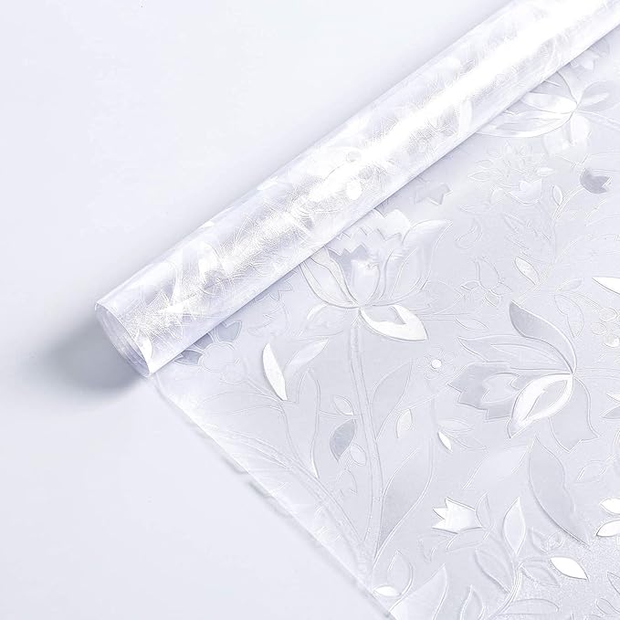 DOWELL Window Privacy Film, 3D Stained Glass Rainbow Films, Decorative Window Vinyl Sun Blocker Door Covering, Static Cling Non-Adhesive Glass Sticker for Home, Blooming Flowers, 35.4"x157.4"