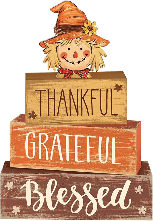 4 Pcs Fall Thanksgiving Decor for Home Sunflower Scarecrow Wooden Sign with Sayings Fall Scarecrow Tiered Tray Decor Blessed Tabletop Centerpiece Maple Leaf Block Signs for Autumn Office Kitchen Shelf