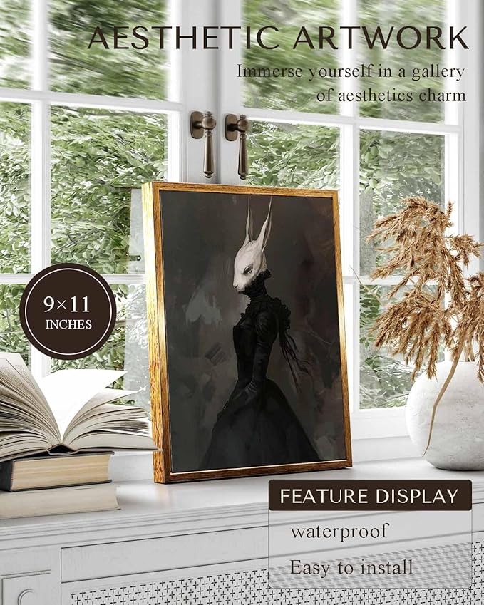 VIYYIEA Framed Canvas Wall Art Home Decor Gothic Room Decor Prints, Vintage Rabbit Lady Wall Decor, Aesthetic Dark Academia Halloween Wall Pictures Gold Framed Goth Artwork 9x11in