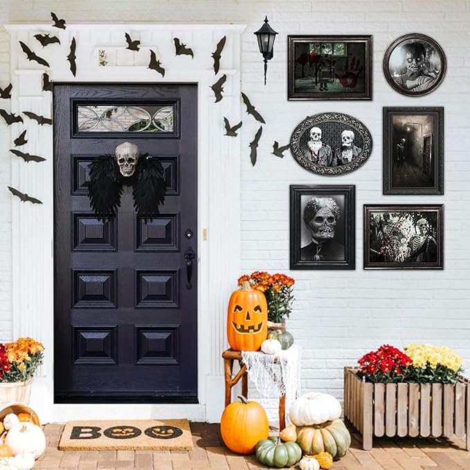 15 Halloween Gothic Creepy Skull Photos Haunted Horror Picture Frame, Waterproof Durable, with 80pcs Self Adhesive Dots，Creepy Photo Decoration For Haunted Family Castle Masquerade Party Black