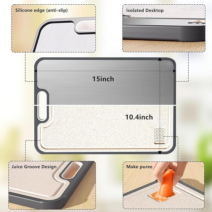 FIRE HIVE Kitchen Stainless Steel Cutting Board,Double-Sided Multi-Functional Cutting Boards,Large Cutting Board Made of Stainless Steel & Platycodon, 16*11 inches Safe Kitchen Cleaning Cutting Boards