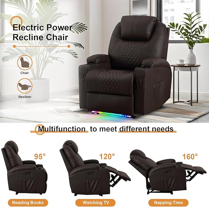 AHMED Power Recliner Chair with Vibration Massage & Heat for Adults, Faux Leather Home Theater Seating with Cup Holders/LED Lights/USB Ports/Side Pockets for Living Room, Brown