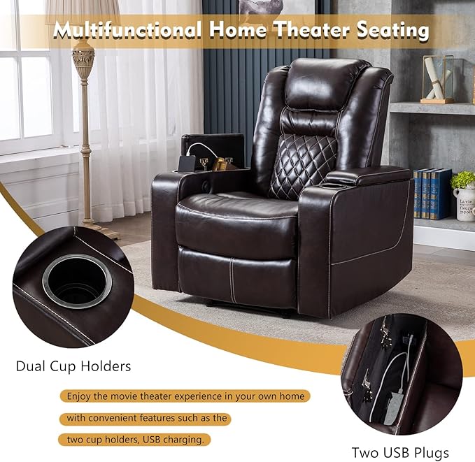 CANMOV Electric Power Recliner Chair with USB Ports and Cup Holders, Breathable Leather Home Theater Seating with Hidden Arm Storage (Brown)