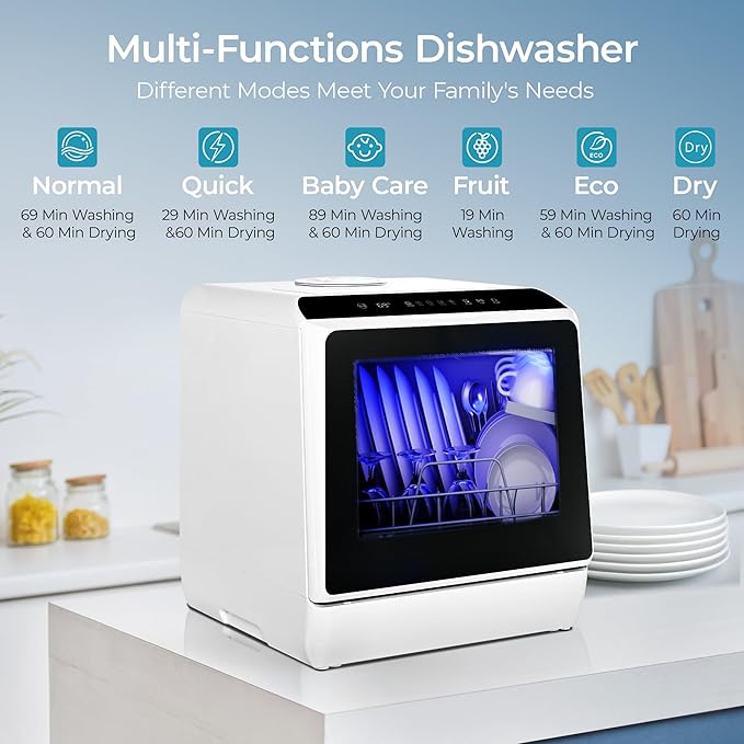 EUHOMY Mini Portable Dishwasher Countertop Compact Dishwashers, Tabletop Small Dishwasher with 5L Built-in Water Tank with 6 Modes and Baby Care for Apartments& RVs, No Hookup Needed