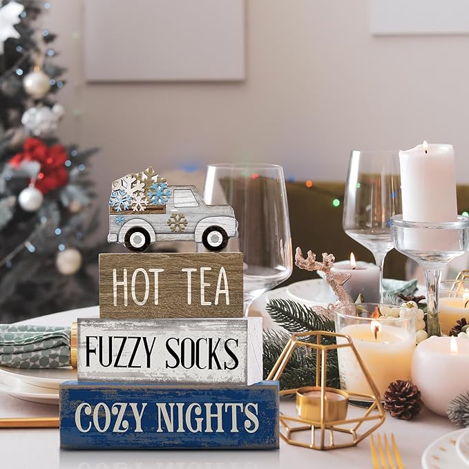 4 Pcs Christmas Table Decorations Wooden Snowflake Truck Decor Winter Tiered Tray Decor Christmas Centerpiece Rustic Decorative Truck Block Sign Gift Farmhouse for Home Kitchen Shelf