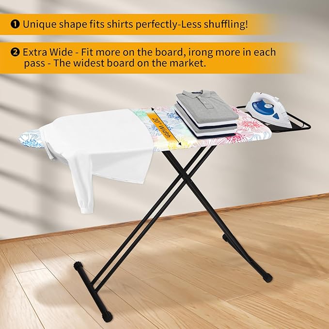 Extra Large Ironing Board with Hang Rail and Iron Rest 63" L x 20" W (Large with Iron Rest (Floral Cover))