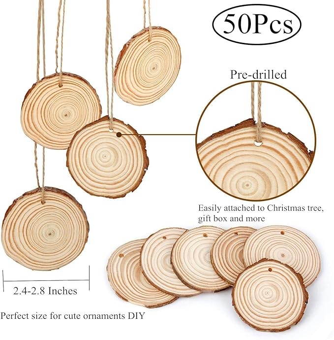 50 Pieces 2.4"-2.8" Natural Wooden Slices,Colovis Unfinished Wood Circles with Holes Tree Bark Round Log Discs DIY Crafts Hanging Ornaments (50 Pcs, Natural Wood)