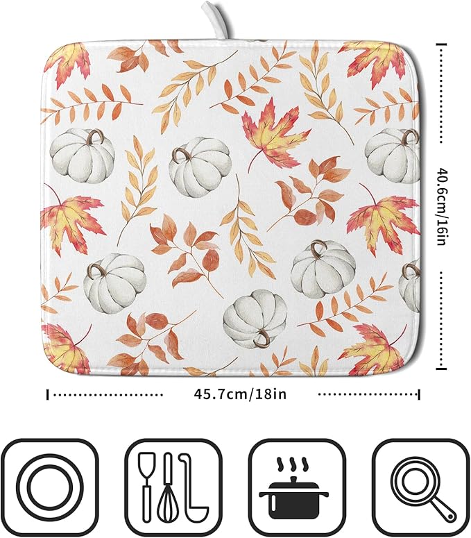 Fall Dish Drying Mat for Kitchen Counter Autumn White Pumpkins Maple Leaves Seasonal Super Absorbent Reversible Microfiber Kitchen Countertop Protector Dishes Pad Small 16x18 inch