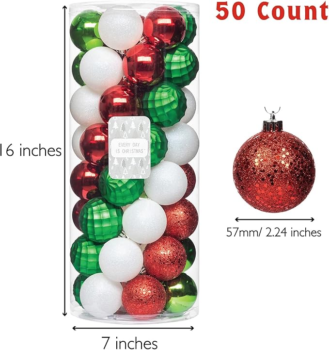 Every Day is Christmas Ornaments, Shatterproof Christmas Tree Ornament Set, Christmas Balls Decoration 50 Count (2.24"/57mm, White Red Green)