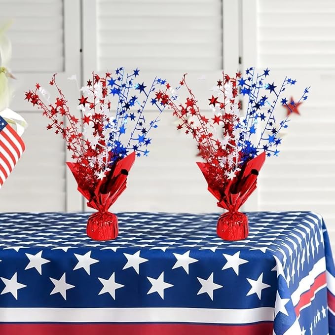 6 Pack 4th of July Table Centerpiece Decoration Metallic Foil Spray Star Burst Patriotic Decoration Independence Day Labor Day Veteran Day Memorial Day Party Supplies, Red White and Blue