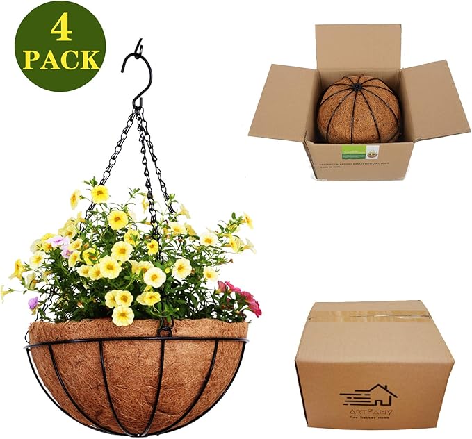 4 Pack 10 inch Metal Hanging Planters Basket with Coco Coir Liner Outdoor-Hanging Baskets for Plants Outdoor,Metal Wire Baskets with Window Box Planters, Hanging Flower Pots for Railings
