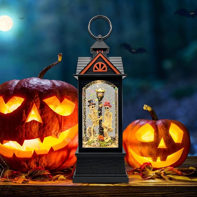 Halloween Snow Globe Lantern with 6 Hour Timer,Halloween Decorations Indoor for Home,Halloween Decor,USB or Battery Powered for Halloween Lanterns,Halloween Skeleton-A