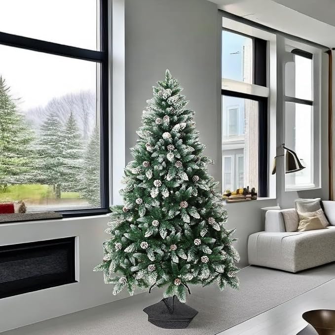 Artificial Christmas Tree 5/6/7/7.5 Foot Flocked Snow Trees with Pine Cone Decoration Unlit