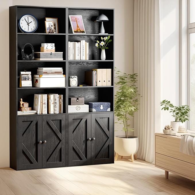Tall Wooden Bookshelf with Cabinet and Doors – 70.86” Freestanding Tall Bookcase for Heavy Books, Living Room Storage, Home Office Shelf, Bedroom Organization – Vintage Black Wood Book Shelf