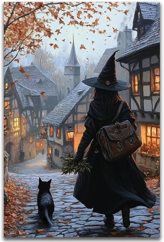 Autumn Witch And Black Cat Picture Wall Decor,Halloween Canvas Vintage Rustic Wall Art,Preppy Bedroom Living Room Bathroom Poster Print,24"x36" Unframed