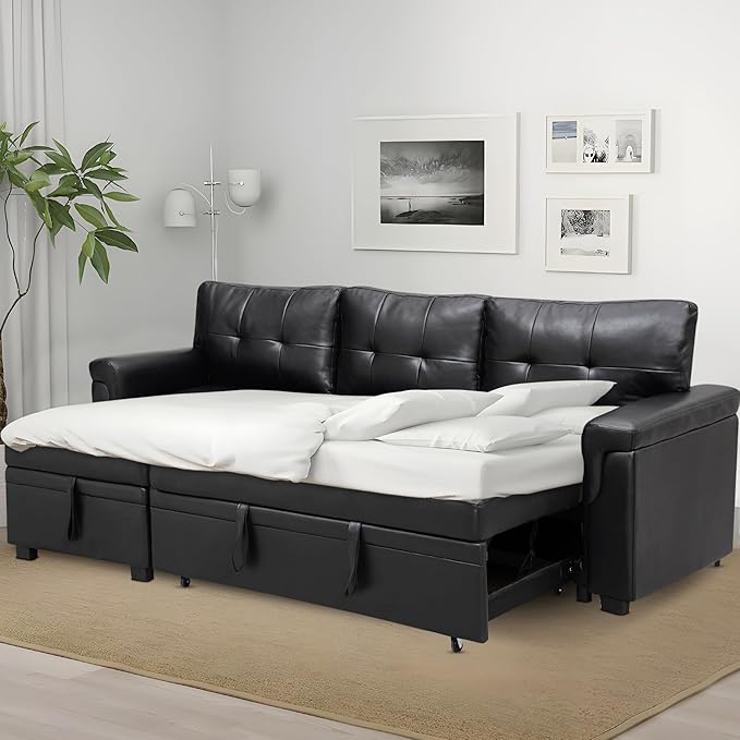 Naomi Home Modern Sectional Sofa with Storage Chaise Black/Air Leather