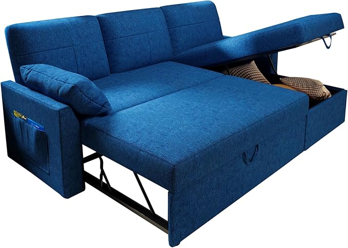VanAcc Sleeper Sofa - 2 in 1 Pull Out Couch Bed with Storage Chaise for Living Room, Linen Blue