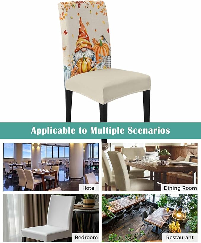 4 Pcs Dining Chair Covers Stretch Spandex Slipcovers Farm Thanksgiving Gnome Pumpkin Removable Washable Dining Room Seat Cover Cushion Protector for Home Hotel Banquet Decor Fall Maple Leaves Linen