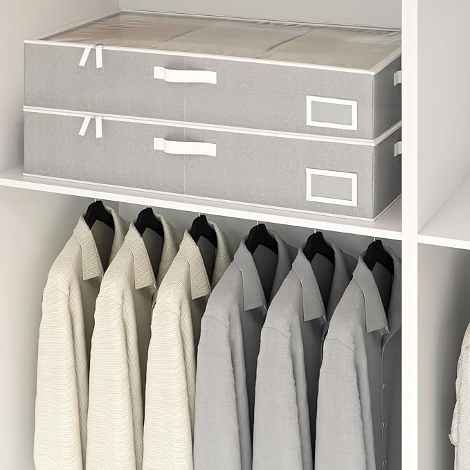 Under Bed Storage Containers, 2-Pack Underbed Storage Box, Collapsible Clothes Storage Bins with Handles and Lid, Large Under Bed Organizers for Shoe, Blanket, Toy, Pillow, Sheet, Gray