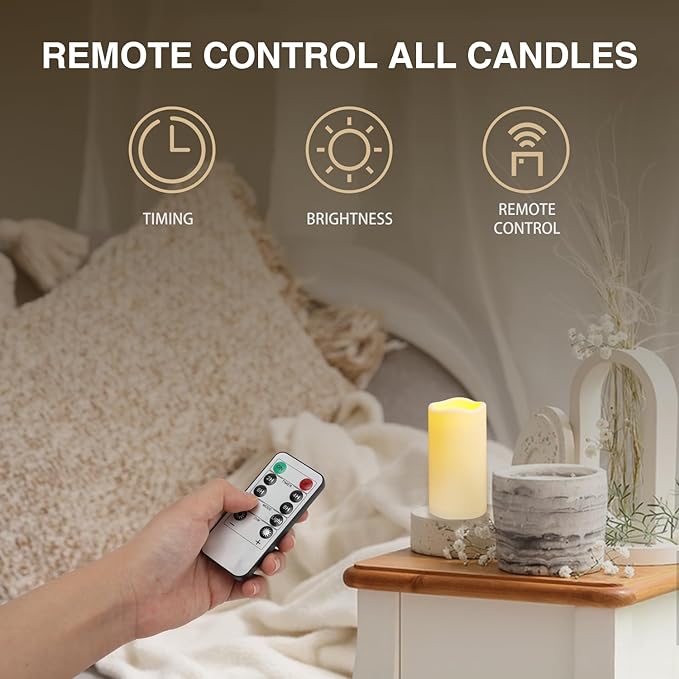 12PACK Outdoor Plastic flameless Candles with Remote Control and Timer, LED Flickering Battery Operated Electric Pillar Candles (D3 xH5.5) for Camping, Weddings, Home Decoration