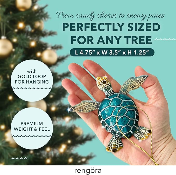 Hand-Painted Beach Christmas Ornament – Blue Sea Turtle Coastal Tree Decoration – Unique Nautical Christmas Ornament – Stocking Stuffer Gift for Ocean & Sea Life Lovers
