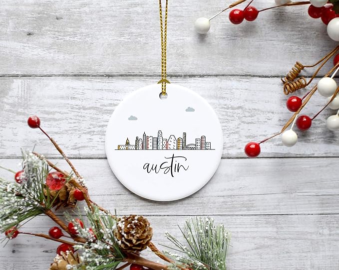 Andaz Press Round Ceramic Porcelain Christmas Tree Ornament Keepsake, Austin Colorful City Skyline Graphic, 1-Pack, Birthday Gift Ideas Family Coworker Him Her, Includes Gift Box