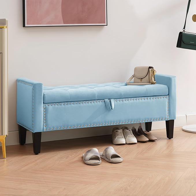 Storage Ottoman Bench, Velvet Upholstered Footstool for Bedroom and Living Room, Tufted Seat with Storage, Wooden Legs & Metal Rivets, Light Blue