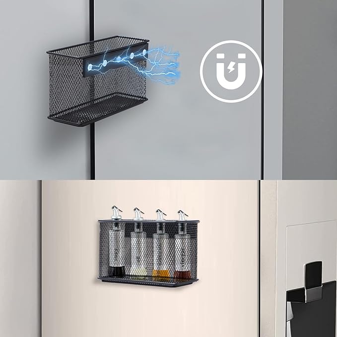 Wire Mesh Storage Baskets Organizer Black Magnetic Basket with 5 Strong Magnets, Magnetic Organizer Holder for Refrigerator Locker Whiteboard Office,Home 6.29'' × 2.28'' × 3.54''，4 Pack