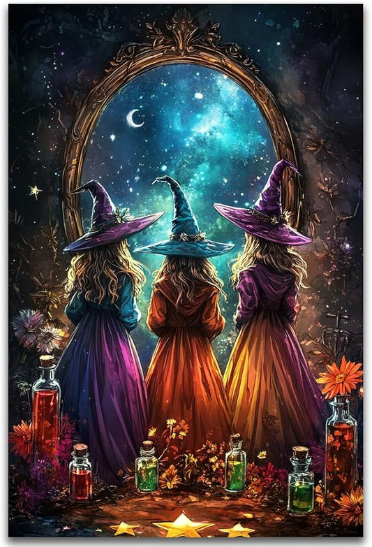 Witch Poster Halloween Fall Wall Art Decor,Three Witches with Magic Potion Mirror Colorful Vintage Print,Dark Academia Spooky Canvas Art Prints for Home Living Room,20"x30" Unframed