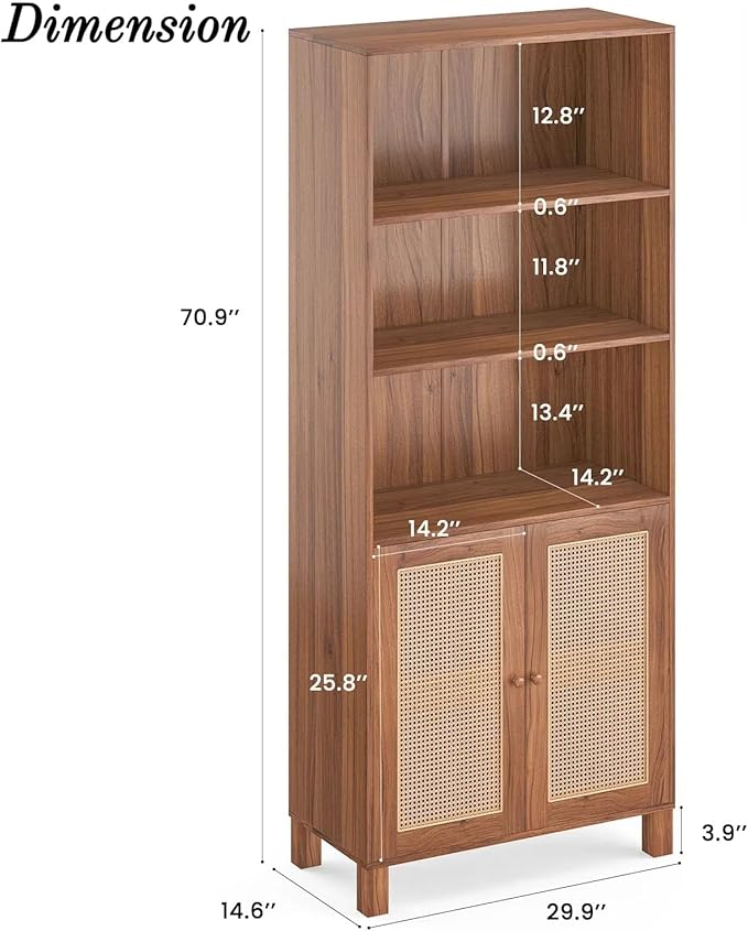 Tall Bookshelf, 5-Tier Book Shelf with 2 Rattan Doors, Freestanding Bookcase Display Shelves with Large Storage, Book Case for Living Room, Office, Study, Bedroom, 70.9 Inch