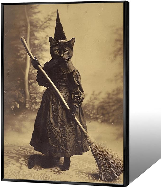 Halloween Decor Posters Black Cat Witch Canvas Wall Art Vintage Spooky Print Of Gothic Room Family Dark Academia Decorations Creepy Picture Poster Aesthetic 16X24inch Aluminum Framed