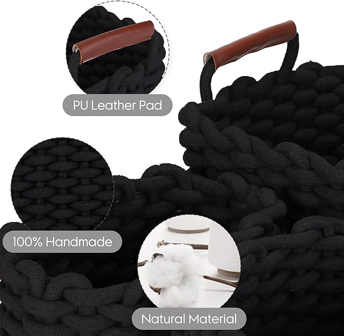 Sea Team 3-Pack Rectangle Woven Cotton Rope Storage Baskets with Handles, Shelf Basket, Closet Organizers, 3-in-1, Black