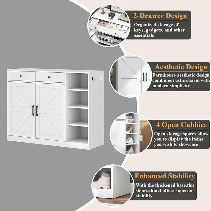 Loomie 5-Tier Shoe Cabinet with 4 Side Cubbies, Farmhouse Shoe Rack Cabinet with 6 Adjustable Shelves & 2 Drawers, Freestanding Shoe Storage Cabinet with 4 Brackets & 2 Hooks for Entryway (White)