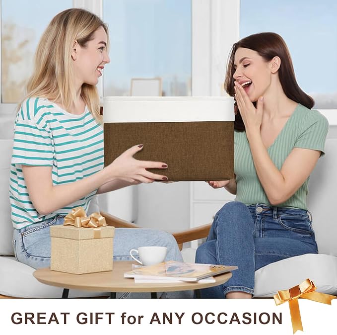 Storage Bins Large Fabric Storage Baskets for Shelves 3 Pack, Decorative Linen Closet Baskets with Handles for Organizing, Shelf, Clothes, Home, Office, 15x11x9.5Inches (Brown&White)