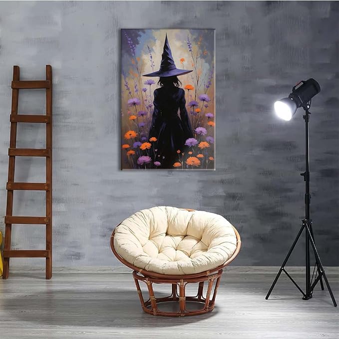 Country wildflower witch canvas print halloween mashup art witch purple decoration bohemian elegant art poster20x30in Wood Framed