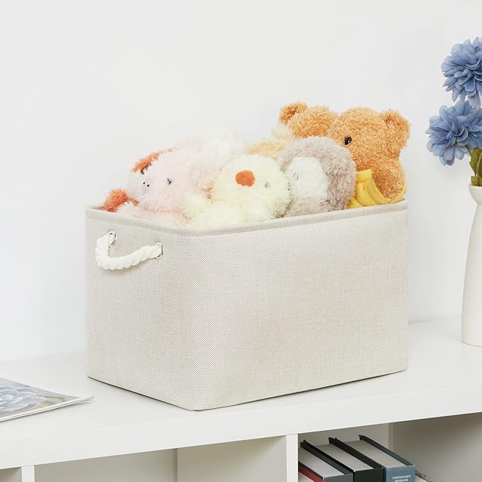 Bidtakay Baskets Collapsible Large Toy Storage Baskets for Organizing Set of 3 Closet Organizer Linen Cream Storage Bins 15 X 11 X 9.5 Inch Shelf Organizer Bins for Nursery Storage (Light Beige)