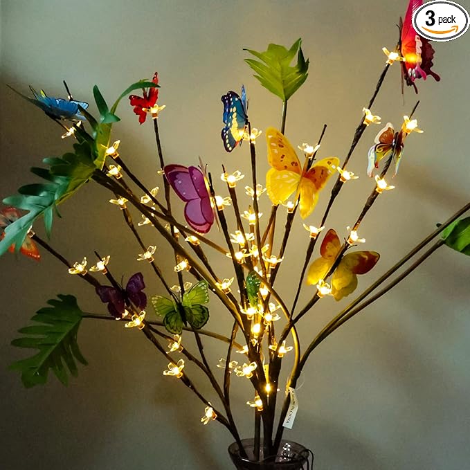 3 Pack Battery Lighted Branch Flowers Lights with 12 Colored 3D Butterfly Indoor Bedroom Decorations, Warm White 60 LED Artificial Cherry Blossom Twig Vase Filler Willow Tree Home Decor