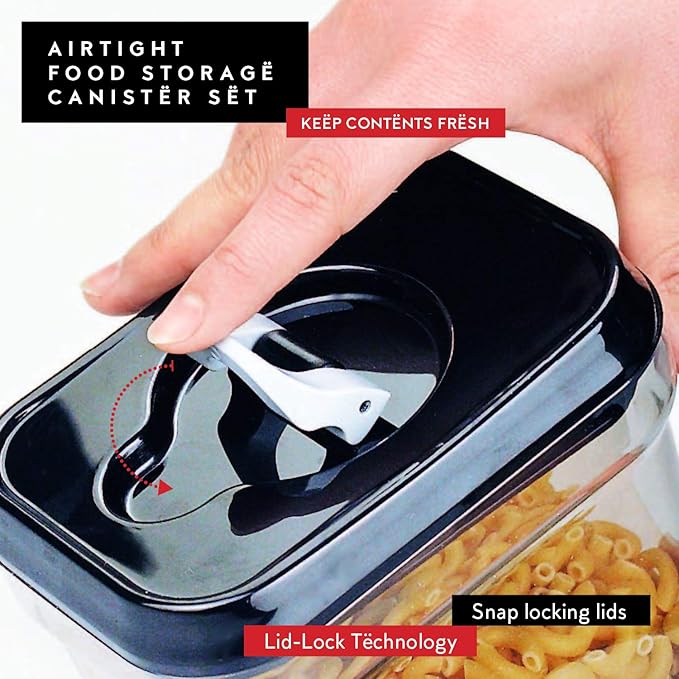 DWËLLZA KITCHEN Large Airtight Food Storage Containers - Clear Plastic Bulk Food Pantry & Kitchen Storage Containers for Flour, Sugar and Baking Supplies 4 Pcs. BPA-Free, Keeps Fresh & Dry (Black)